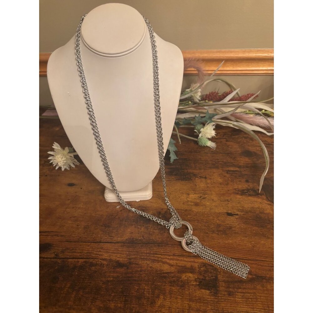 Steel Time Stainless Steel Long Necklace With Double Ring Tassel Pendant